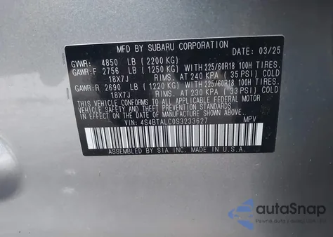 2025 Subaru Outback Onyx Edition из США, поврежденный, VIN 4S4BTALC0S3233627